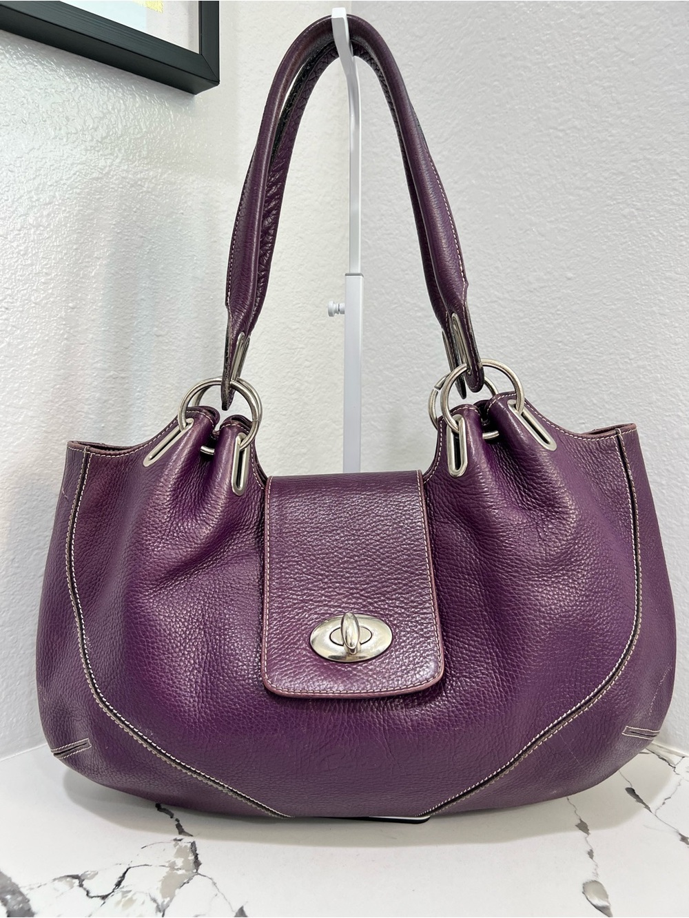 Clarks Purple Pebbled Leather Shoulder Bag Silver Hardware Soft Large Tote